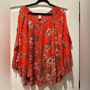 Bila Women's Red Floral Flowy Blouse with Sequence Detail